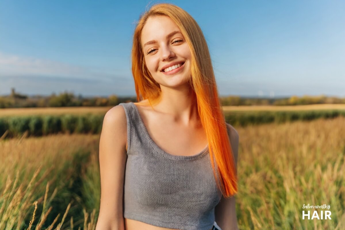Orange blonde is infused with warm, vivid orange undertones; reminiscent of a fiery sunset.