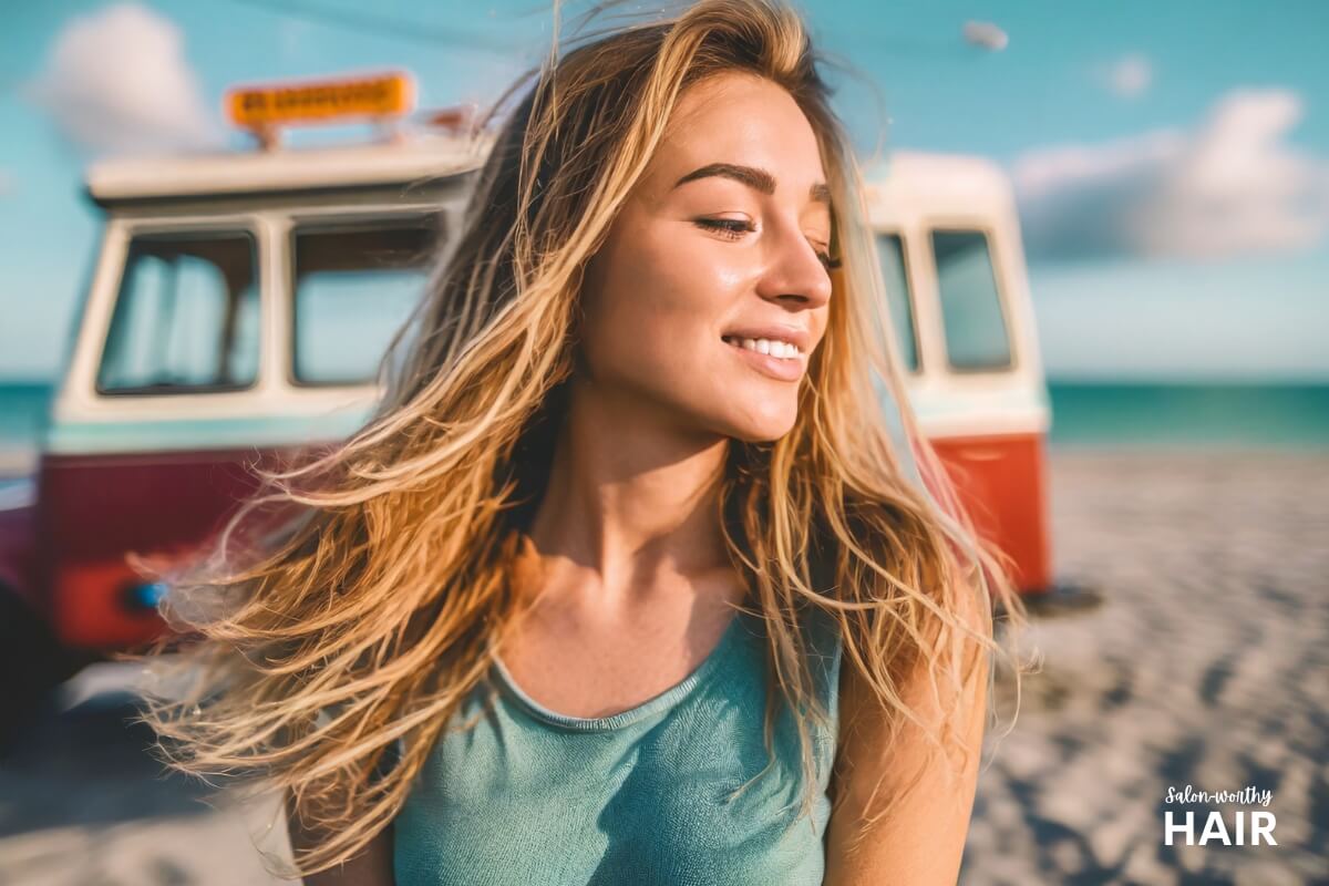 Sun-washed blonde hair mimics the natural lightening from the sun, giving a relaxed, beachy, and subtly faded golden hue.