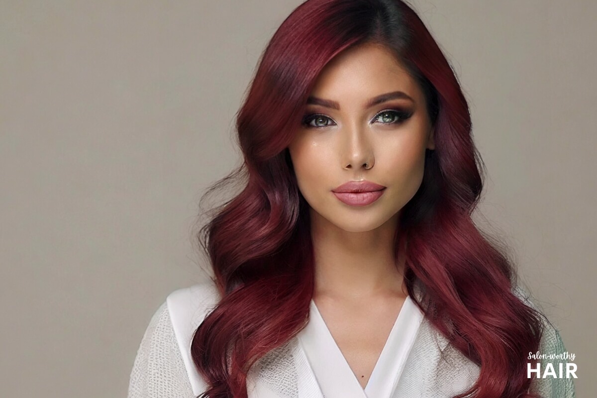 Woman with diy burgundy plum hair color results without bleaching