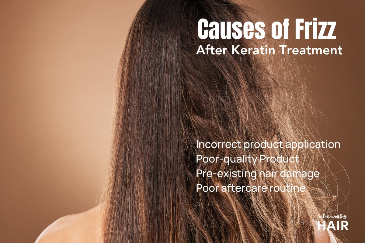 woman with before and after results of keratin treatment with frizz
